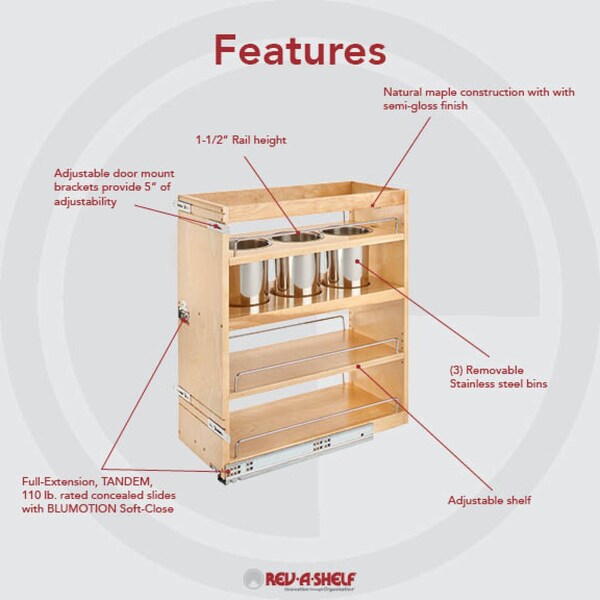 Rev-A-Shelf Maple Veneer, Light Brown, 10.5 in W, 25.25 in H, 21.81 in D, 21.75 in L, Light Brown - 449UT-BCSC-10C