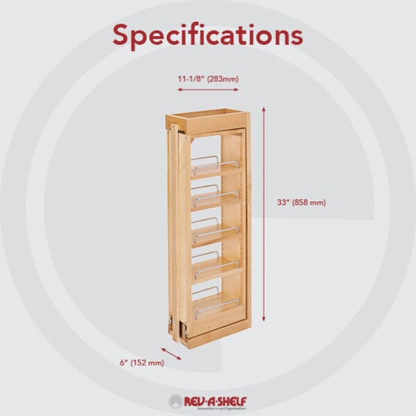 Rev-A-Shelf Maple Veneer, Light Brown, 6 in W, 33 in H, 11.13 in D, 11.13 in L, Light Brown - 432-WF33-6C