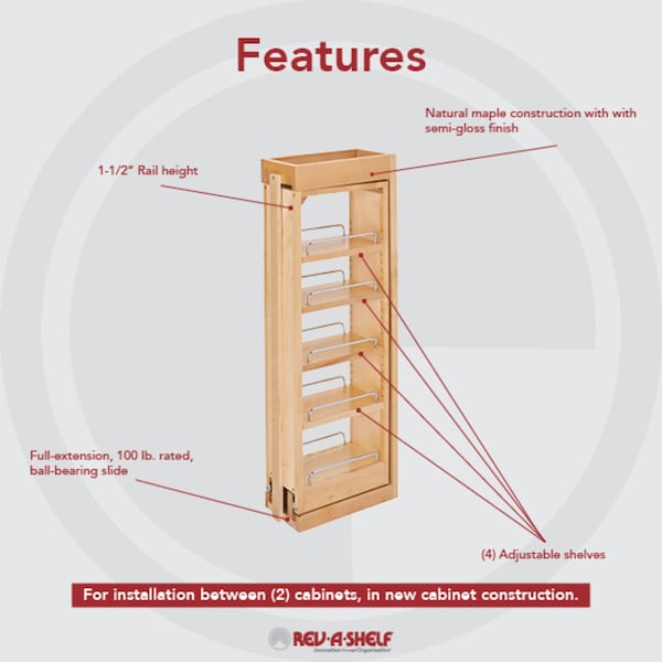 Rev-A-Shelf Maple Veneer, Light Brown, 6 in W, 33 in H, 11.13 in D, 11.13 in L, Light Brown - 432-WF33-6C