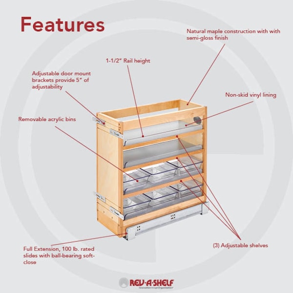 Rev-A-Shelf Maple Veneer, Light Brown, 8.62 in W, 20.29 in H, 19.56 in D, 19 in L, Light Brown - 448-VC20SC-8