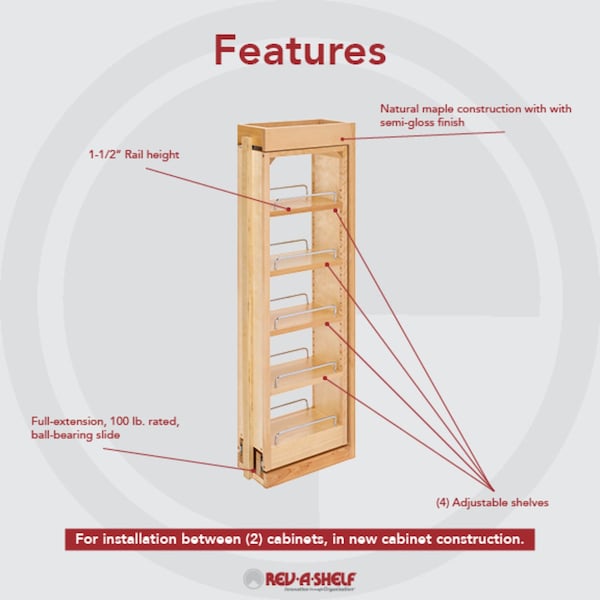 Rev-A-Shelf Maple Veneer, Light Brown, 6 in W, 36 in H, 11.13 in D, 11.13 in L, Light Brown - 432-WF36-6C