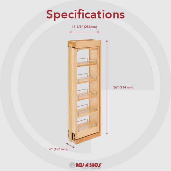 Rev-A-Shelf Maple Veneer, Light Brown, 6 in W, 36 in H, 11.13 in D, 11.13 in L, Light Brown - 432-WF36-6C