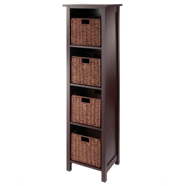 Winsome Trading Milan Storage Shelf with 4 Foldable Woven Baskets, Walnut - 5 Piece - 94516