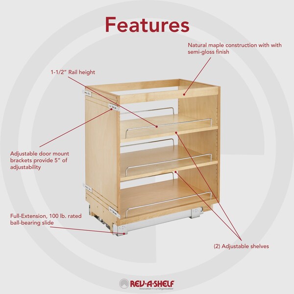 Rev-A-Shelf Maple Veneer, Light Brown, 14 in W, 25.5 in H, 22.5 in D, 22.5 in L, Light Brown - 448-BC-14C