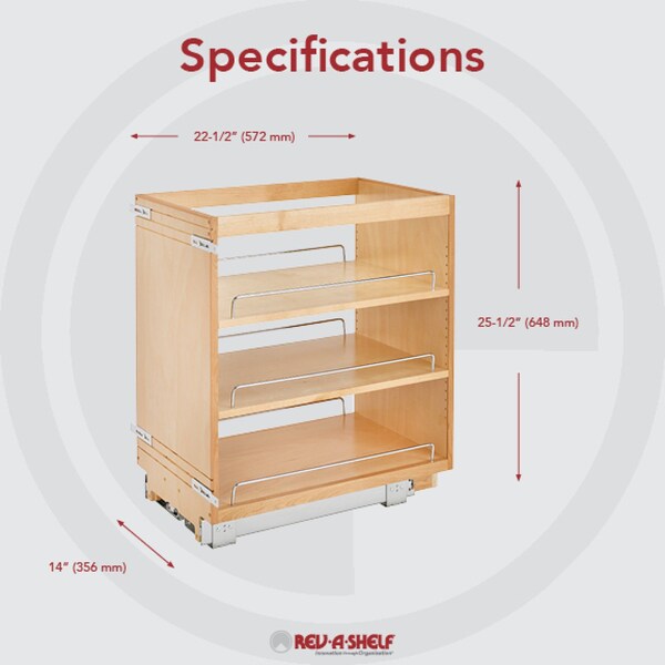 Rev-A-Shelf Maple Veneer, Light Brown, 14 in W, 25.5 in H, 22.5 in D, 22.5 in L, Light Brown - 448-BC-14C
