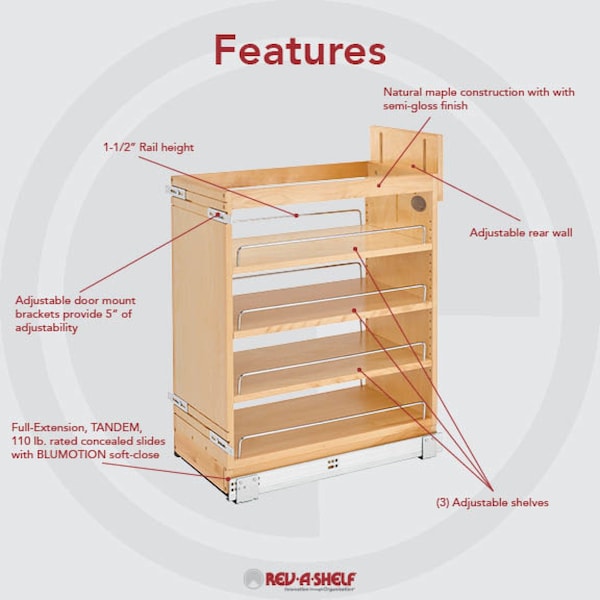 Rev-A-Shelf Maple Wood; Steel, Natural Maple, 11.75 in W, 25.5 in H, 21.63 in D - 448-BCSC-11C