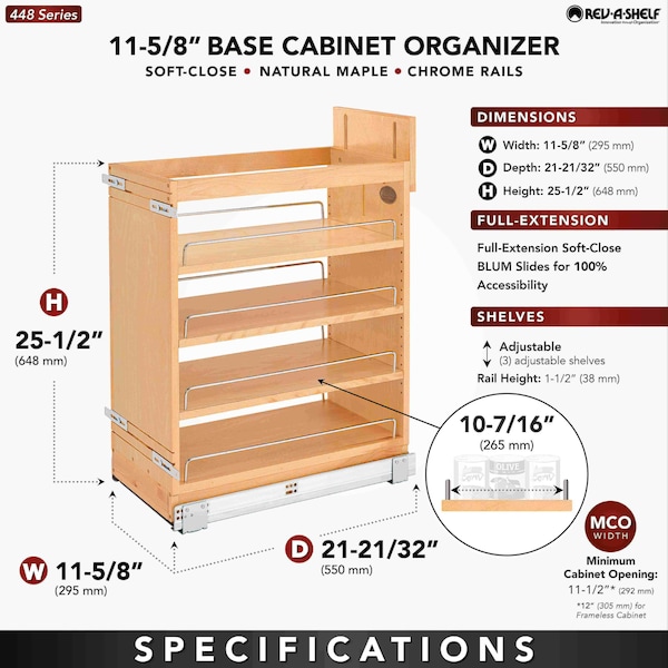 Rev-A-Shelf Maple Wood; Steel, Natural Maple, 11.75 in W, 25.5 in H, 21.63 in D - 448-BCSC-11C