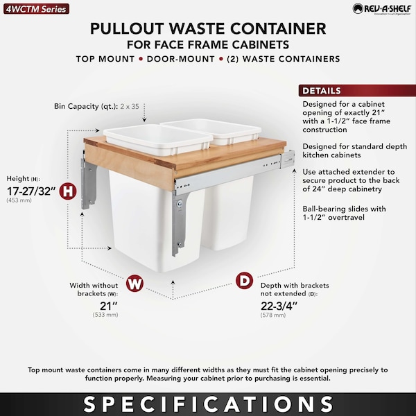 Rev-A-Shelf Maple Wood; Steel; Plastic, Natural Maple, 21 in W, 17.88 in H, 22.75 in D - 4WCTM-24DM2