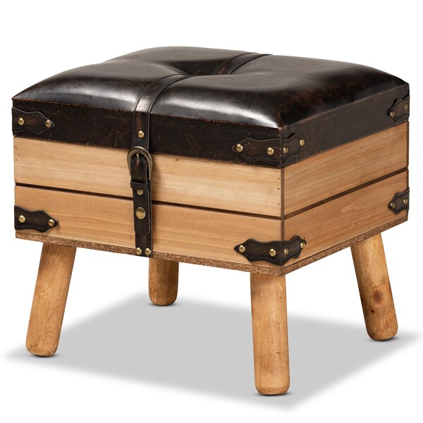 Baxton Studio Amena Rustic Transitional Dark Brown PU Leather and Oak Finished Wood Small Storage Ottoman - 182-11740-ZORO