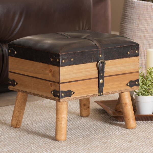 Baxton Studio Amena Rustic Transitional Dark Brown PU Leather and Oak Finished Wood Small Storage Ottoman - 182-11740-ZORO