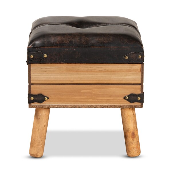Baxton Studio Amena Rustic Transitional Dark Brown PU Leather and Oak Finished Wood Small Storage Ottoman - 182-11740-ZORO