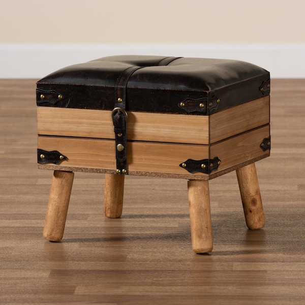 Baxton Studio Amena Rustic Transitional Dark Brown PU Leather and Oak Finished Wood Small Storage Ottoman - 182-11740-ZORO