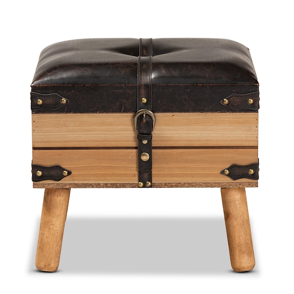 Baxton Studio Amena Rustic Transitional Dark Brown PU Leather and Oak Finished Wood Small Storage Ottoman - 182-11740-ZORO
