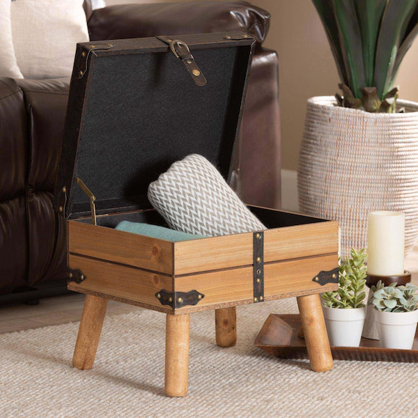 Baxton Studio Amena Rustic Transitional Dark Brown PU Leather and Oak Finished Wood Small Storage Ottoman - 182-11740-ZORO