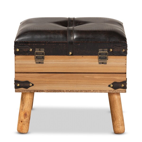 Baxton Studio Amena Rustic Transitional Dark Brown PU Leather and Oak Finished Wood Small Storage Ottoman - 182-11740-ZORO