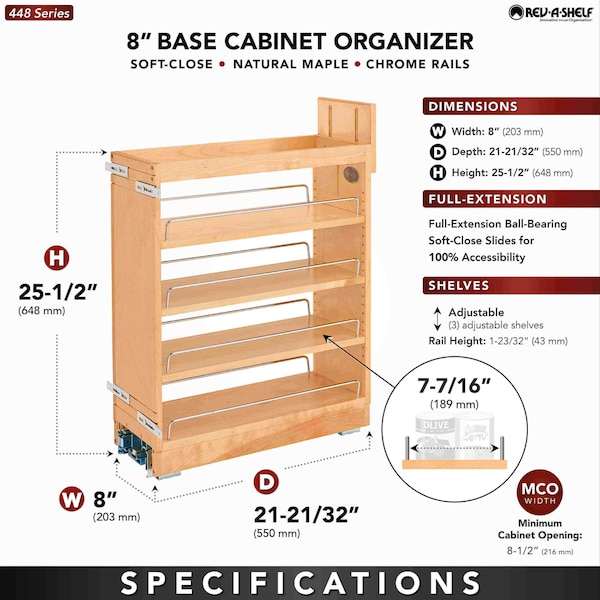 Rev-A-Shelf Maple Wood; Steel, Natural Maple, 8 in W, 25.5 in H, 21.65 in D - 448-BCBBSC-8C