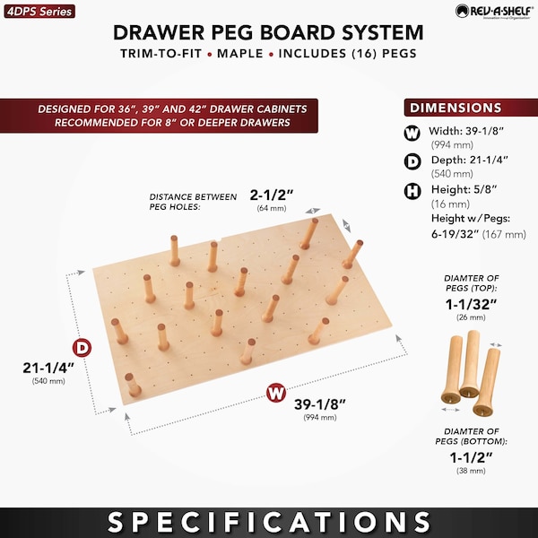 Rev-A-Shelf Drawer Insert, Maple Wood, Natural Maple, 39.25 in W, 6.63 in H, 21.25 in D - 4DPS-3921