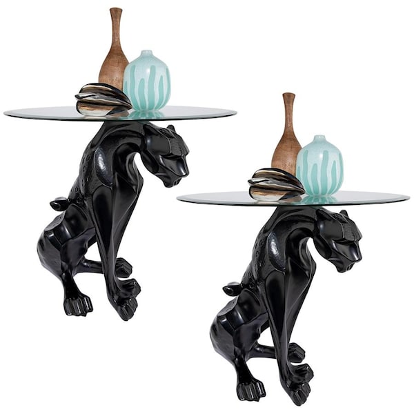 Design Toscano Black Jaguar Glass Top Table, PK 2 - KY972408