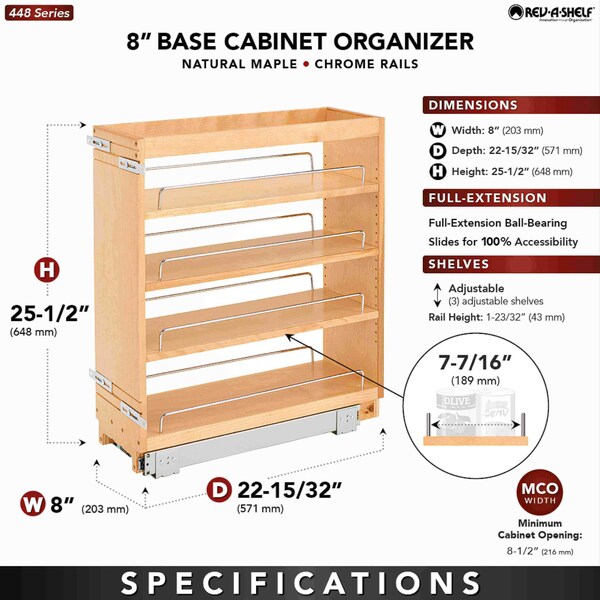 Rev-A-Shelf Maple Wood; Steel, Natural Maple, 8 in W, 25.5 in H, 22.5 in D - 448-BC-8C