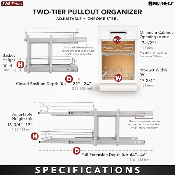 Rev-A-Shelf Steel, Silver, 17.75 in W, 19 in H, 22 in D, 22 in L, Silver - 5WB2-1822CR-1