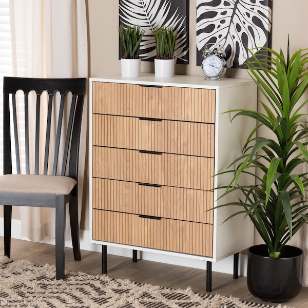 Baxton Studio Karima Mid-Century Modern Two-Tone Wood and Metal 5-Drawer Storage Cabinet - 226-12476-ZORO