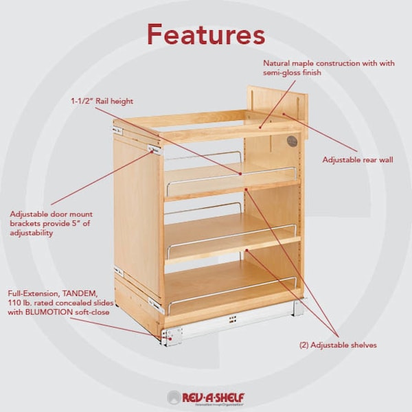 Rev-A-Shelf Maple Veneer, Light Brown, 14.75 in W, 25.5 in H, 21.63 in D, 21.63 in L, Light Brown - 448-BCSC-14C