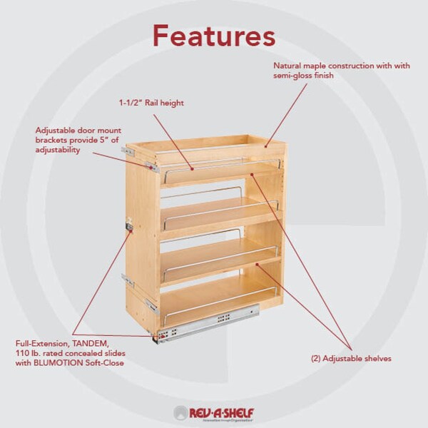 Rev-A-Shelf Maple Veneer, Light Brown, 10.5 in W, 25.25 in H, 21.81 in D, 21.75 in L, Light Brown - 449-BCSC-10C