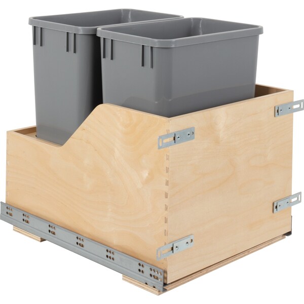 Hardware Resources Dbl 35 Quart Wood Bottom-Mount Soft-Close Trashcan Rollout For Door Mounting, Includes 2 Grey Cans - CDM-WBMD3518G