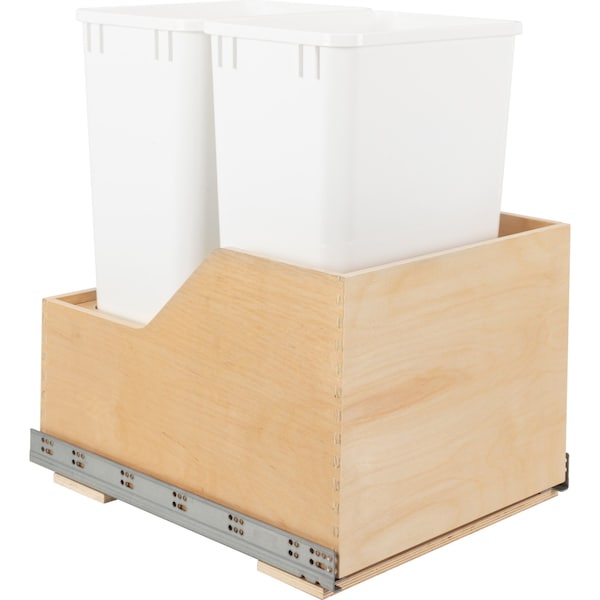 Hardware Resources Dbl 50 Quart Wood Bottom-Mount Soft-Close Trashcan Rollout For Hinged Doors, Includes 2 White Cans - CAN-WBMD5018WH