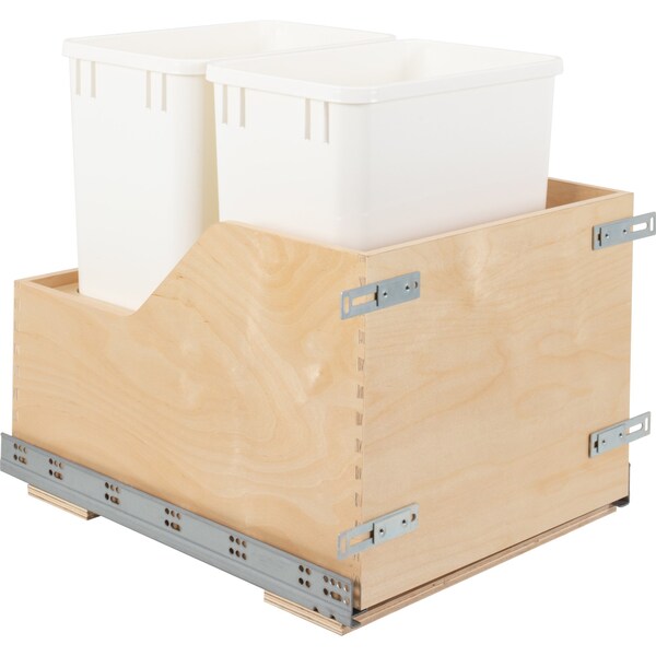 Hardware Resources Dbl 35 Quart Wood Bottom-Mount Soft-Close Trashcan Rollout For Door Mounting, Includes 2 White Cans - CDM-WBMD3518WH