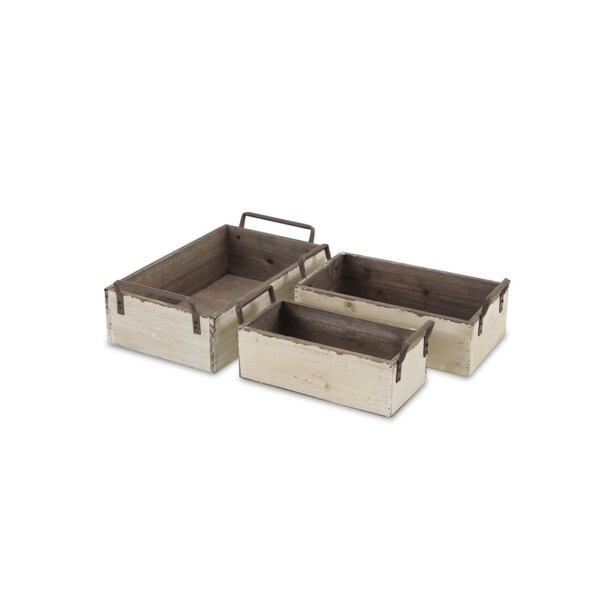 Cheungs Small Wood Crate with Side Metal Handles & Metal Panel on Side of Crate - Set of 3 - FP-3872-3W