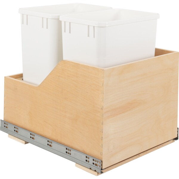 Hardware Resources Dbl 35 Quart Wood Bottom-Mount Soft-Close Trashcan Rollout For Hinged Doors, Includes 2 White Cans - CAN-WBMD3518WH