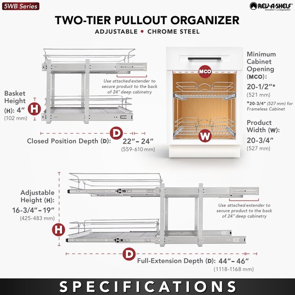 Rev-A-Shelf Steel, Silver, 20.75 in W, 19 in H, 22 in D, 22 in L, Silver - 5WB2-2122CR-1