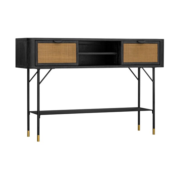 Armen Living Saratoga Console Table in Black Acacia with Rattan - LCSRCNBL