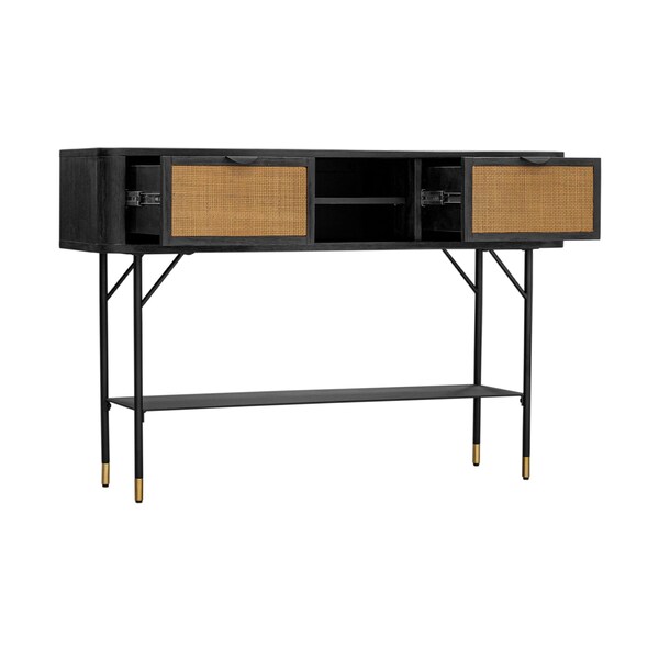 Armen Living Saratoga Console Table in Black Acacia with Rattan - LCSRCNBL