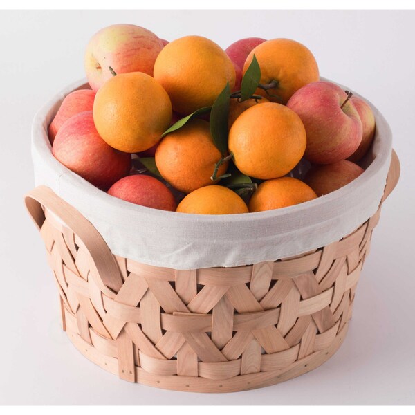Vintiquewise Wooden Round Display Basket Bins, Lined with White Fabric, Food Gift Basket, Medium - QI003501.M
