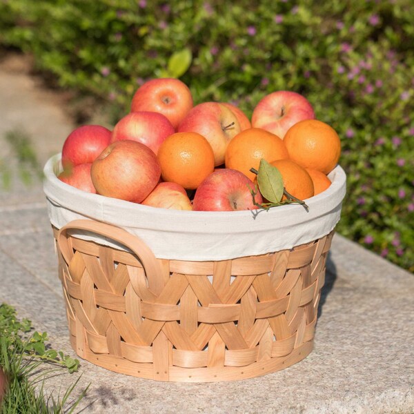 Vintiquewise Wooden Round Display Basket Bins, Lined with White Fabric, Food Gift Basket, Medium - QI003501.M