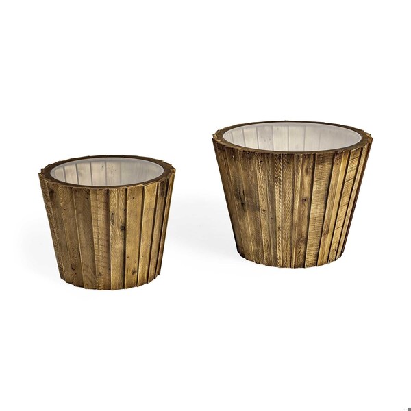 Homeroots Light Brown Wood Accent Tables with Glass Round Top, Set of 2 - 380707