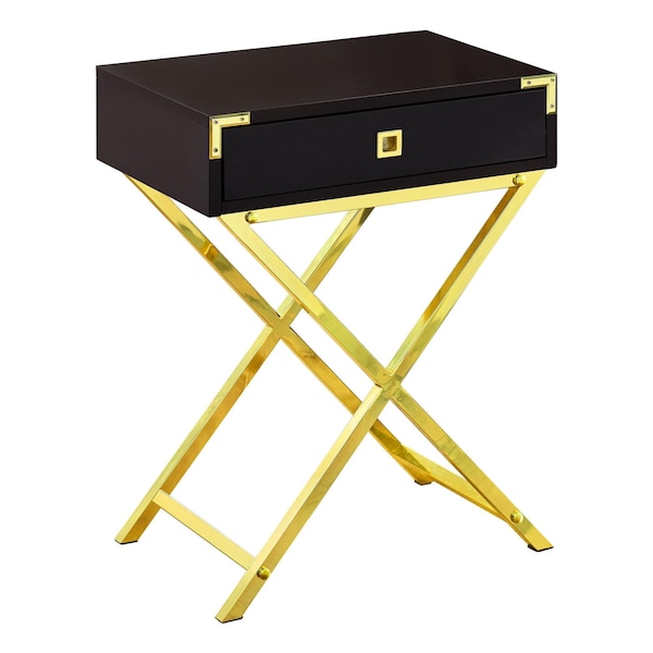 Homeroots 24 in. Cappuccino Particle BoardMDF & Gold Metal Accent Table - 333263