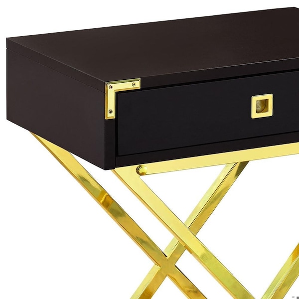 Homeroots 24 in. Cappuccino Particle BoardMDF & Gold Metal Accent Table - 333263