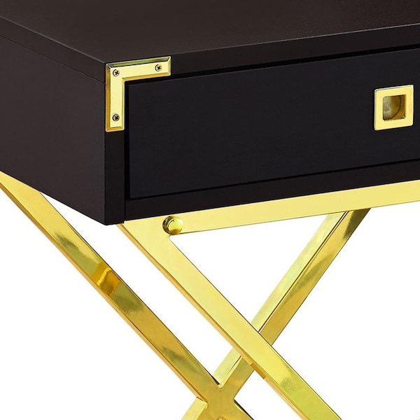 Homeroots 24 in. Cappuccino Particle BoardMDF & Gold Metal Accent Table - 333263