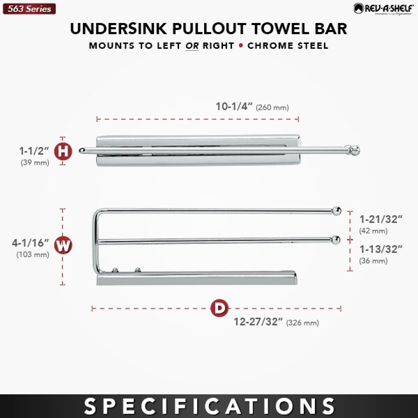 Rev-A-Shelf Steel, Chrome, 3.88 in W, 1.5 in H, 12.88 in D - 563-51-C