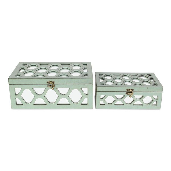 H2H Set Of 2 Blue Wooden Boxes With Front And Top Mirror - H22546419
