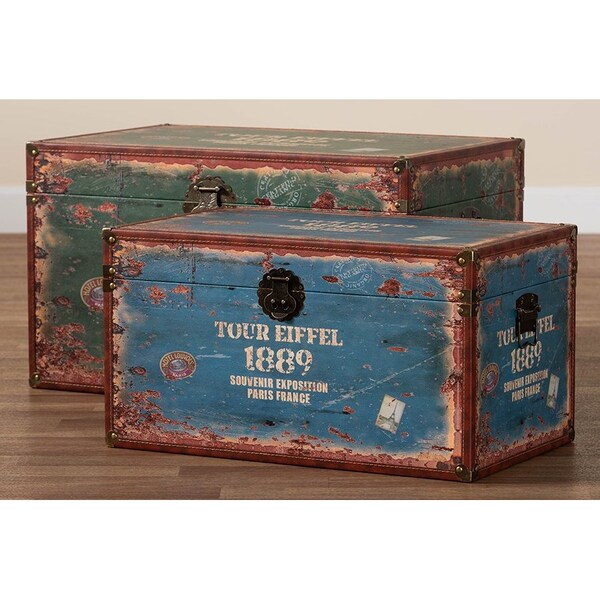 Baxton Studio Sabeen Vintage Parisian Faux Leather and Wood 2-Piece Storage Trunk Set - 246-13723-ZORO