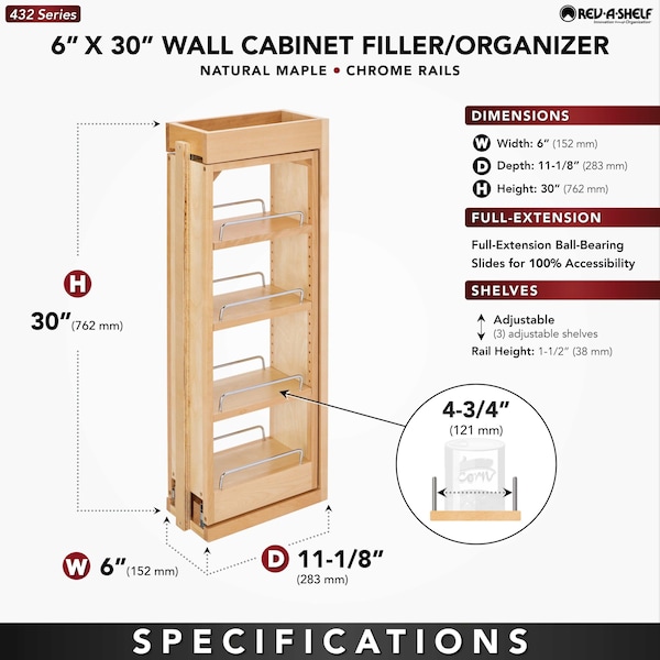 Rev-A-Shelf Maple Wood; Steel, Natural Maple, 6 in W, 30 in H, 11.13 in D - 432-WF-6C