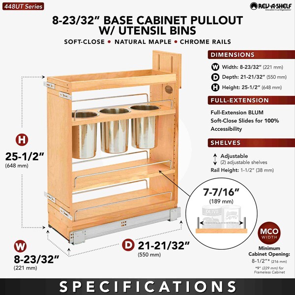 Rev-A-Shelf Maple Wood; Steel, Natural Maple, 8.75 in W, 25.5 in H, 21.63 in D - 448UT-BCSC-8C