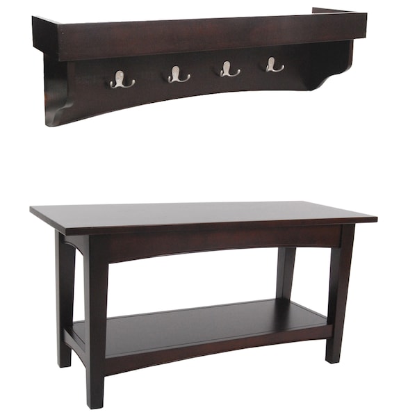 Alaterre Furniture Shaker Cottage Tray Shelf Coat Hook with Bench, Espresso - ASCA0309P0