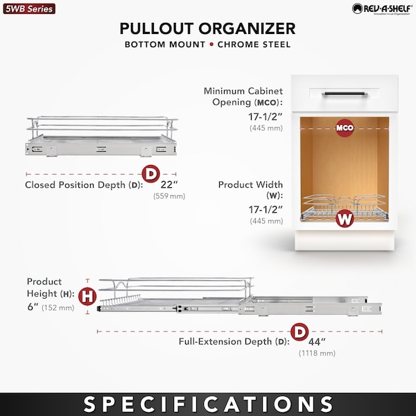 Rev-A-Shelf Steel, Silver, 17.5 in W, 5.56 in H, 22 in D, 22 in L, Silver - 5WB1-1822CR-1