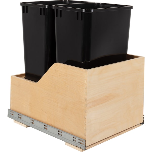 Hardware Resources Dbl 50 Quart Wood Bottom-Mount Soft-Close Trashcan Rollout For Hinged Doors, Includes 2 Black Cans - CAN-WBMD5018B