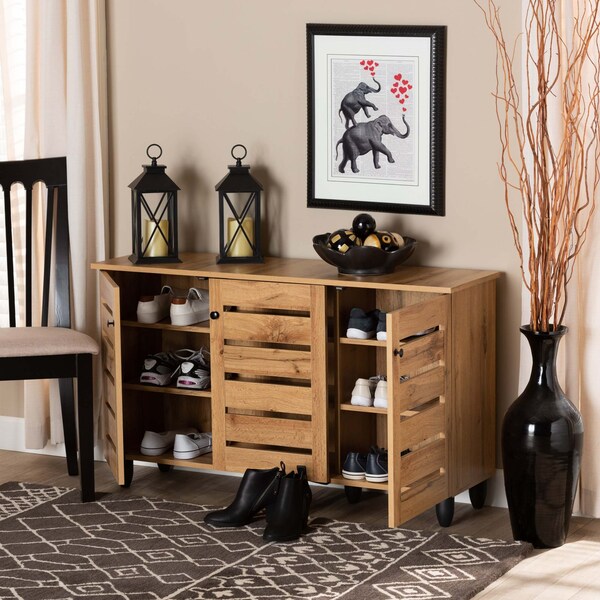 Baxton Studio Gisela Modern and Contemporary Oak Brown Finished Wood 3-Door Shoe Storage Cabinet - 190-11992-ZORO